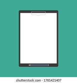 Blank clipboard in hands businessman. Empty space for text. Vector illustration, flat design. Blank sheet white paper.