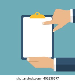 Blank clipboard in hands businessman. Empty space for text. Man points finger area for text.  Vector illustration, flat design. Blank sheet white paper. Place for communication, questionnaire, report