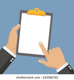 Blank clipboard in hands businessman. Empty space for text. Man points finger area for text. Vector illustration, flat design. Blank sheet white paper. Place for communication, questionnaire, report
