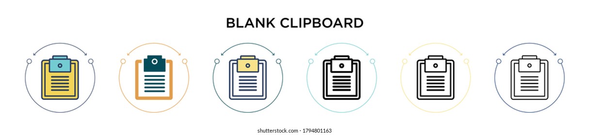 Blank clipboard icon in filled, thin line, outline and stroke style. Vector illustration of two colored and black blank clipboard vector icons designs can be used for mobile, ui, web