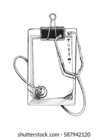 Blank clipboard with modern stethoscope, Hand Drawn Sketch Vector illustration.