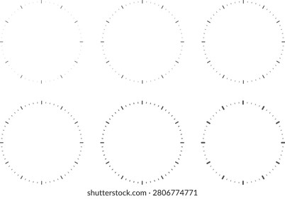 Blank clock face template set. clock with hour and minute marks. Round watch dials set. circle dial watch faces symbols. circle dial watch faces sign