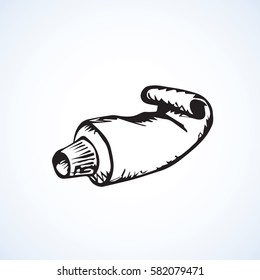 Blank closed creme jar pack isolated on light backdrop. Outline ink hand drawn picture sketchy in artistic modern doodle style pen on paper. Closeup view with space for text on wrap label