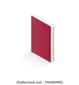 Blank and closed mockup of book, notebook, notepad, magazine. Vector 3D illustration of a red notebook on a white background for your design with circular spiral binding. Silver spiral