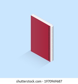 Blank And Closed Mockup Of Book, Notebook, Notepad, Magazine. Vector 3D Illustration Of A Red Notebook On A Blue Background For Your Design With Circular Spiral Binding. Silver Spiral