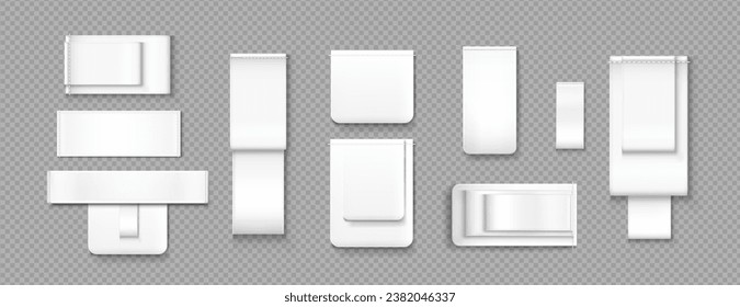 Blank cloth tags set isolated on transparent background. Vector realistic illustration of rectangular white fabric label mockups with stitches, piece of cotton for size, material, wash information