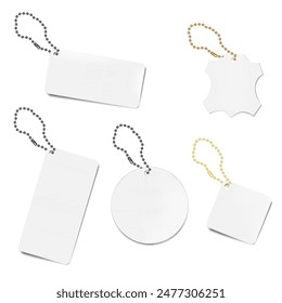 Blank clothing label on chain. Realistic vector mock-up set. White price tag with hanging metal ball string. Mockup. Easy to edit. Template for design