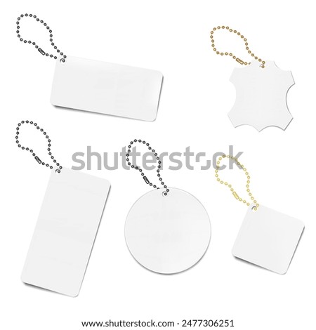 Blank clothing label on chain. Realistic vector mock-up set. White price tag with hanging metal ball string. Mockup. Easy to edit. Template for design
