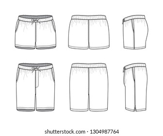 Blank clothing templates of female and male swimming shorts in front, side, back views. Vector illustration isolated on white background.