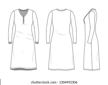 Blank clothing templates of female night dress in front, side, back views. Vector illustration isolated on white background.