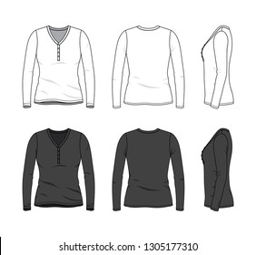 Blank clothing templates of long sleeved button tee in front, side, back views. Vector illustration isolated on white background. Technical fashion drawing set.