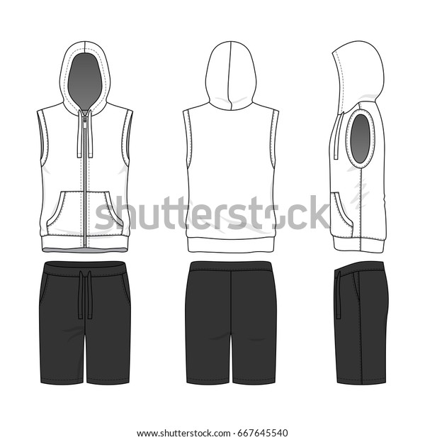 Blank clothing\
templates. Vector illustration of sleeveless hoody and shorts.\
Isolated on white\
background.