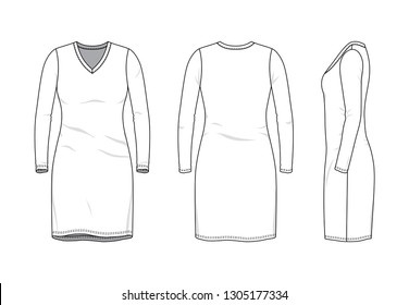 Plantillas de ropa en blanco de mujeres de manga larga vestido de cuello en frente, lado, espalda. Ilustración vectorial aislada en fondo blanco. Conjunto de dibujo de moda técnico.