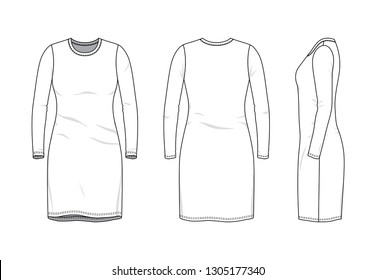Blank clothing templates of women long sleeve round neck dress in front, side, back views. Vector illustration isolated on white background. Technical fashion drawing set.
