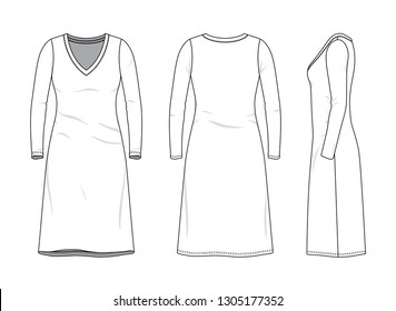 Blank clothing templates of women long sleeve v-neck nightwear dress in front, side, back views. Vector illustration isolated on white background. Technical fashion drawing set.