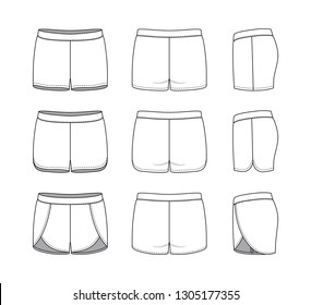 Blank clothing templates of women short set in front, side, back views. Vector illustration isolated on white background. Technical fashion drawing set.