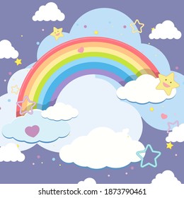 Nube en blanco con arco iris en el cielo en la ilustración de fondo azul