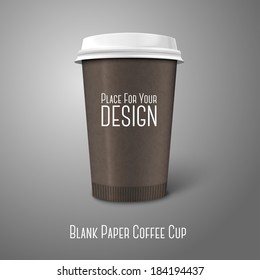 Blank coffee colored realistic vector paper coffee cup "Coffee to go" isolated on grey background. With place for your design and branding.