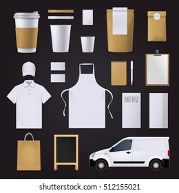 Blank coffee corporate indentity business template set in brown and white colors for cafe isolated on black background flat vector illustration