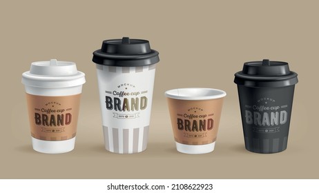 Blank coffee cups and brand name realistic set isolated vector illustration