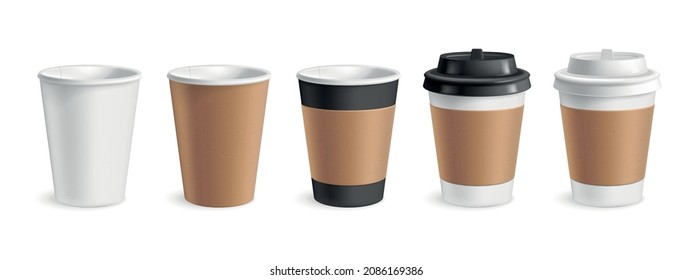 Blank coffee cups with drink takeaway symbols realistic set isolated vector illustration
