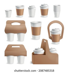 Blank coffee cups and holder realistic set isolated vector illustration