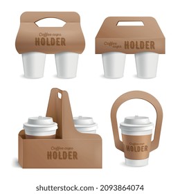 Cubos de café en blanco portador conjunto realista para la ilustración vectorial aislada de la toma