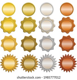 Blank coins.Set of awards and medal.Certificate of appreciation, award diploma icons.Sign, symbol or logo isolated.Silver, gold, copper, bronze coins.Circle elements.Mockup vector.Button for graphics.