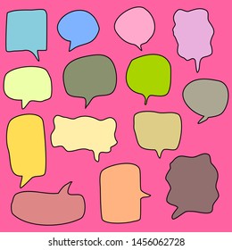 blank color cartoon speech bubbles set with different shape for add text, speech words and comic talk isolated on pink background. vector illustration