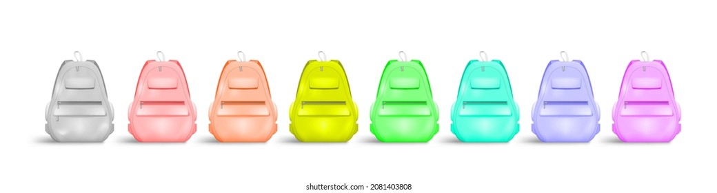 Blank Color Closed Backpack With Zipper With Handle And Pockets Set. EPS10 Vector
