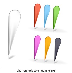 Blank color full outdoor feather flag. Stander advertising. Banner shield. Mock up products on white background isolated. Teardrop bow  flag, advertisings beach flags