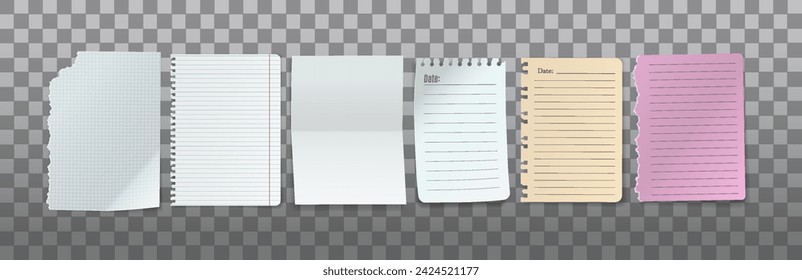 Blank color paper sheets realistic vector illustration set. Notepad pages with mockup space 3d models on transparent background. Template design