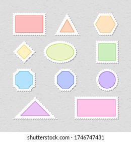 Blank color postage stamps are on a background of old gray paper. The postage stamp template is the shape of the rectangle, triangle, hexagon, rhombus, ellipse, square, octagon, and circle shapes.