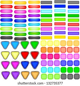 Blank colored internet web button set. Triangle, square and rectangle shapes. White background