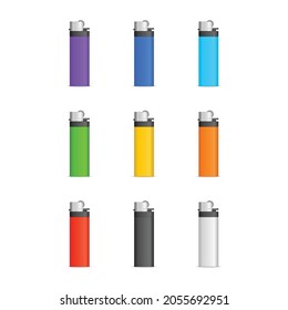 Blank colored plastic lighters isolated on white background. Realistic detailed rainbow color lighter set. Vector illustration EPS 10.