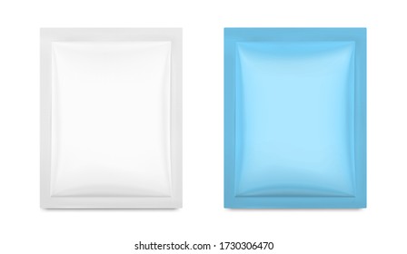 Blank and colored sachet packaging for food, cosmetic and hygiene. Vector illustration isolated on white background. Ready for your design. EPS10.	
