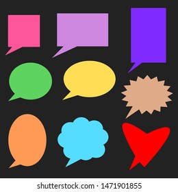 blank colorful cartoon speech bubbles set with different shape isolated on black background. vector illustration 