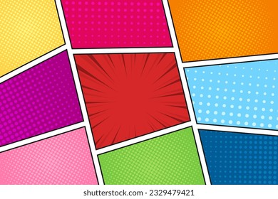 Blank colorful comic book page halftone background with pop art style