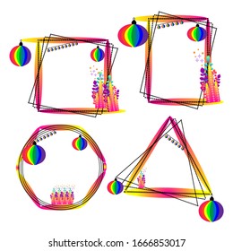 Blank colorful frames collection. Labels set of 4 geometric shapes gradient design. Isolated stickers with flourish pattern elements. Banners with ornamental rainbow balls. Vector illustration. 