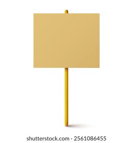 Blank colorful protest sign with wooden holder. Demonstration banner. Strike action cardboard placard mockup. Social advertisement. Vector illustration