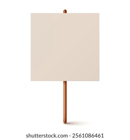 Blank colorful protest sign with wooden holder. Demonstration banner. Strike action cardboard placard mockup. Social advertisement. Vector illustration