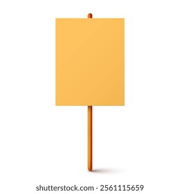 Blank colorful protest sign with wooden holder. Demonstration banner. Strike action cardboard placard mockup. Social advertisement. Vector illustration