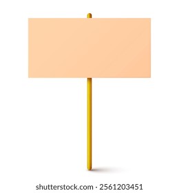 Blank colorful protest sign with wooden holder. Demonstration banner. Strike action cardboard placard mockup. Social advertisement. Vector illustration