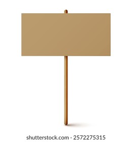 Blank colorful protest sign with wooden holder. Demonstration banner. Strike action cardboard placard mockup. Social advertisement. Vector illustration