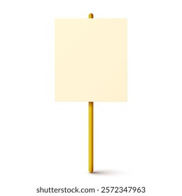 Blank colorful protest sign with wooden holder. Demonstration banner. Strike action cardboard placard mockup. Social advertisement. Vector illustration