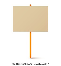 Blank colorful protest sign with wooden holder. Demonstration banner. Strike action cardboard placard mockup. Social advertisement. Vector illustration