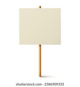 Blank colorful protest sign with wooden holder. Demonstration banner. Strike action cardboard placard mockup. Social advertisement. Vector illustration