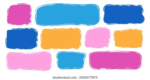 Blank colorful rectangle square textbox set. Doodle brush paint quote poster frame. Speech bubble element. Funny template text box for kids kindergarten school design. Vector illustration