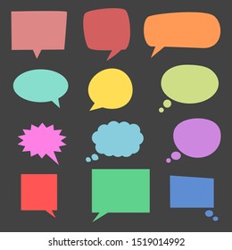 blank colorful speech bubbles set; various color chat box for add speech or cartoon speaking  isolated on black background. vector illustration