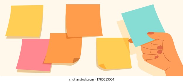 Blank colorful sticky notes on the wall and hand holding different one. Concept of remind, idea, note , editable sticky paper, brainstorming, office, background, editable note.Flat vector illustration